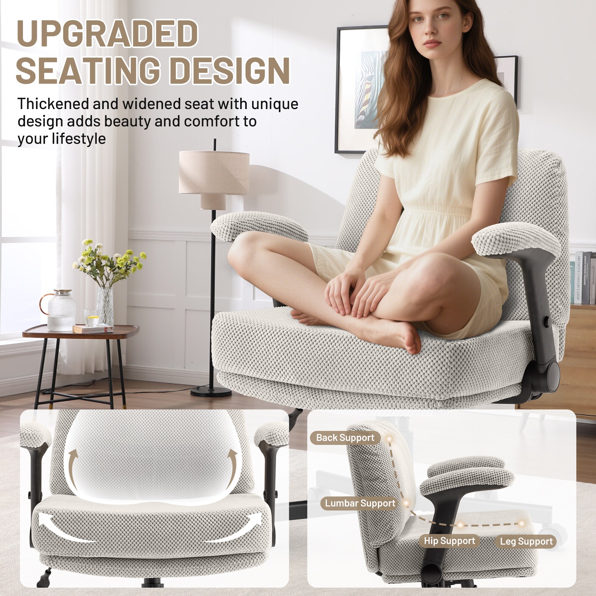 Criss Cross Chair With Wheels And Flip Arms- Comfy Fabric Cross Legged Office Chair With Thick Cushion&Wide Seat, Adjustable Swivel Desk Chair For Home Office, Apartment, Bedroom_maomaolike.com